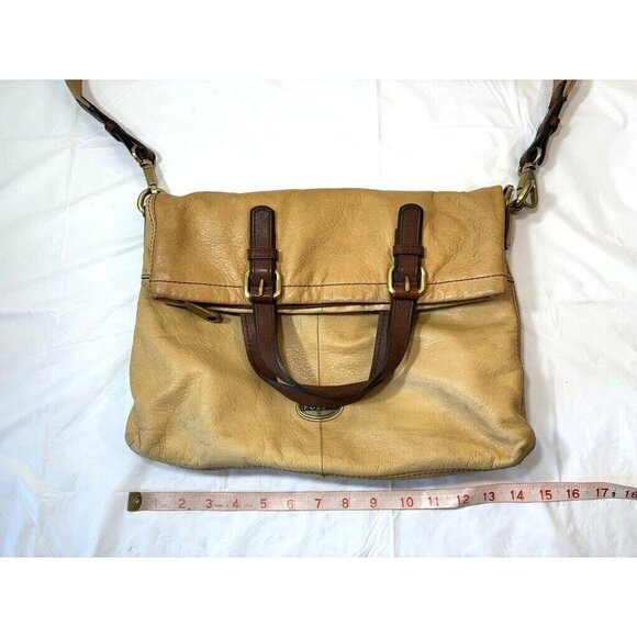Fossil Explorer Leather Fold Over Crossbody Hobo Tote Shoulder Bag Tan - Picture 4 of 16